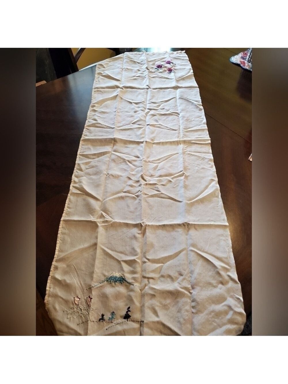 Vintage scarf, floral and mountain scenes, ivory